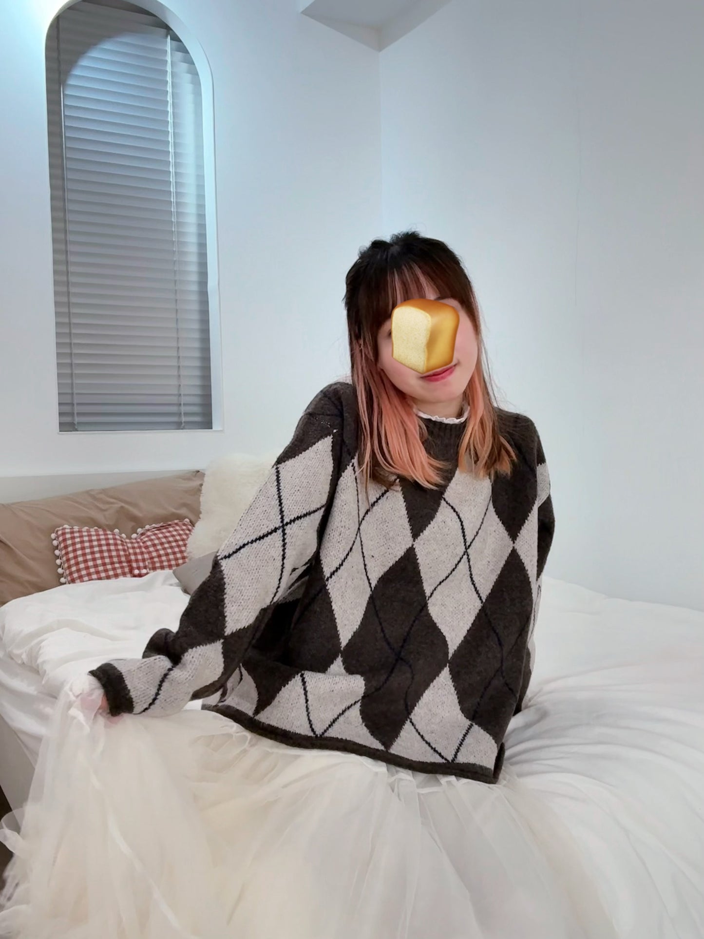 下寬版！菱形格紋針織薄毛衣 🍞