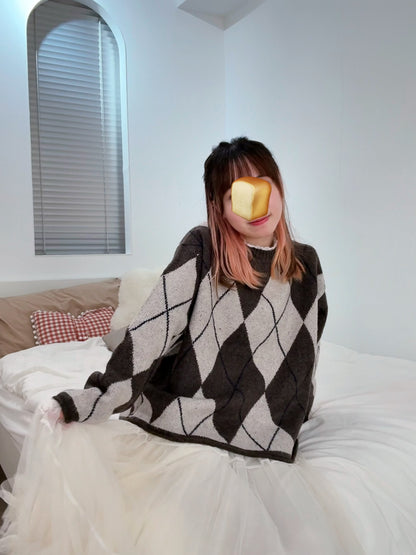 下寬版！菱形格紋針織薄毛衣 🍞