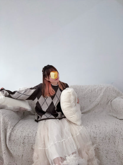 下寬版！菱形格紋針織薄毛衣 🍞