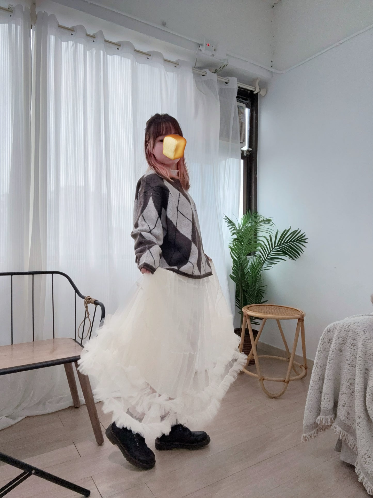 下寬版！菱形格紋針織薄毛衣 🍞