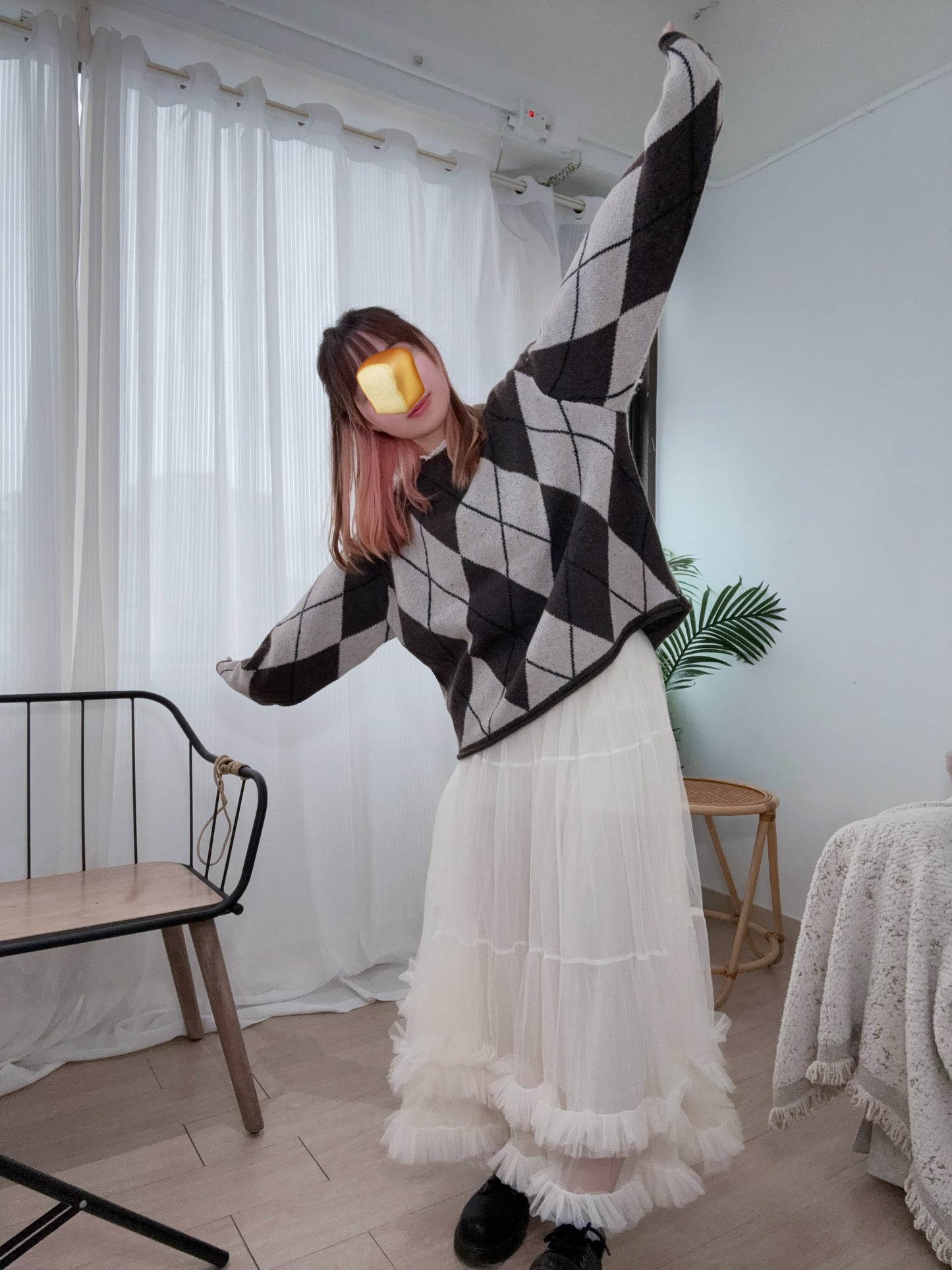 下寬版！菱形格紋針織薄毛衣 🍞