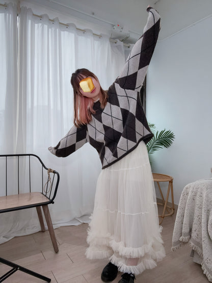 下寬版！菱形格紋針織薄毛衣 🍞