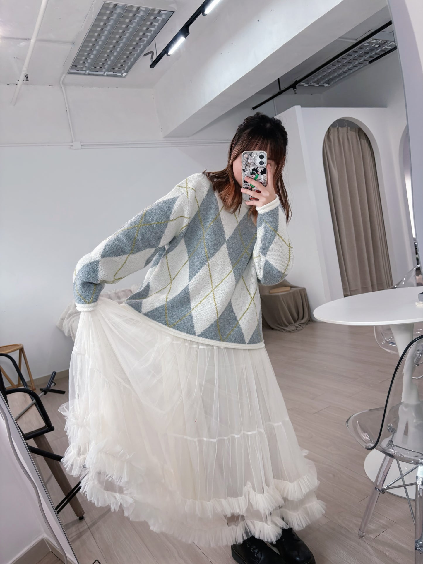 下寬版！菱形格紋針織薄毛衣 🍞