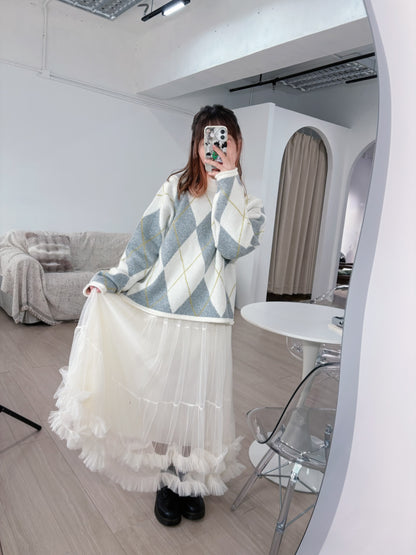 下寬版！菱形格紋針織薄毛衣 🍞