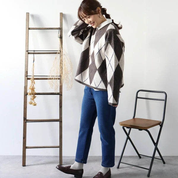 下寬版！菱形格紋針織薄毛衣 🍞