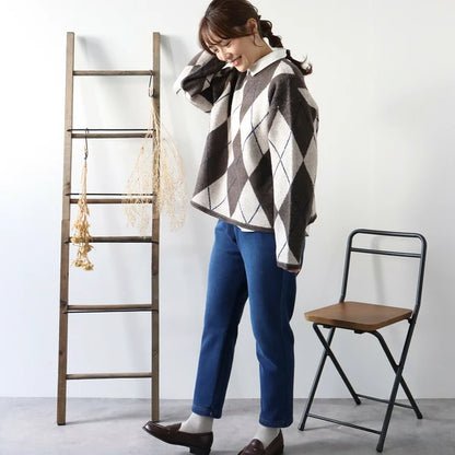 下寬版！菱形格紋針織薄毛衣 🍞